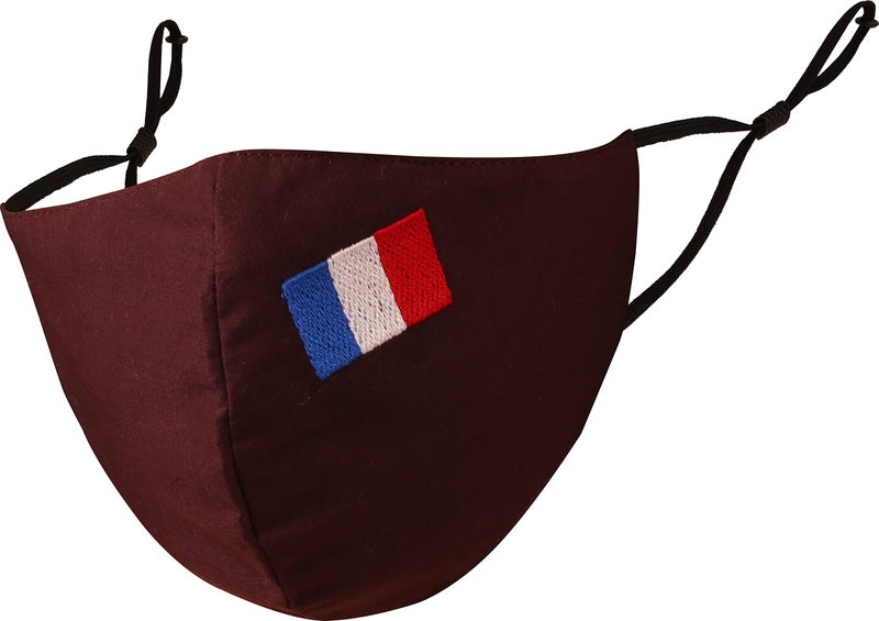 Touchstone Kids French Flag embroidered 3 layer cotton face masks reusable machine washable adjustable for children. (Pack of 1). Dark Brown